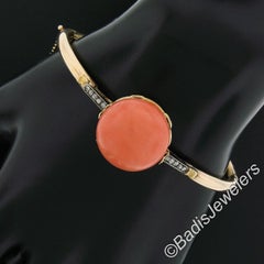 Antique Victorian 14k Gold Silver 18.2mm Coral w/ Diamond Hinged Bangle Bracelet