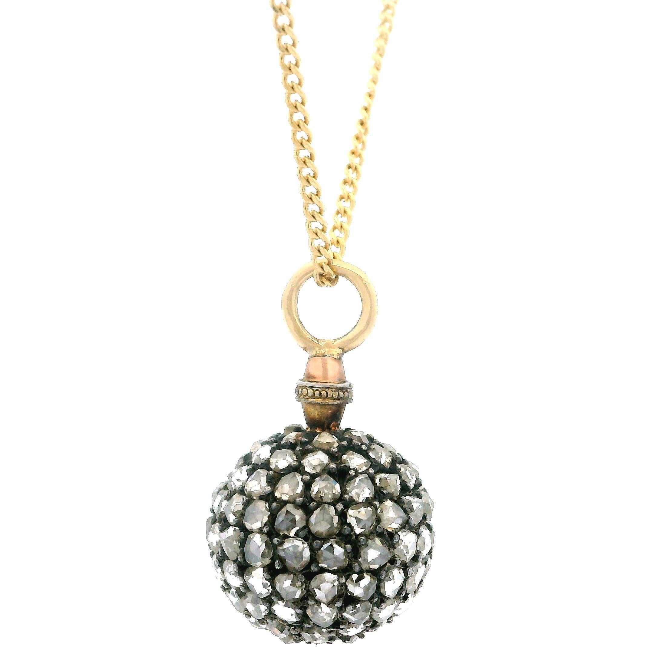Antique Victorian 14k Gold & Silver 2ctw Fiery Rose Cut Diamond Ball Pendant In Excellent Condition For Sale In Montclair, NJ