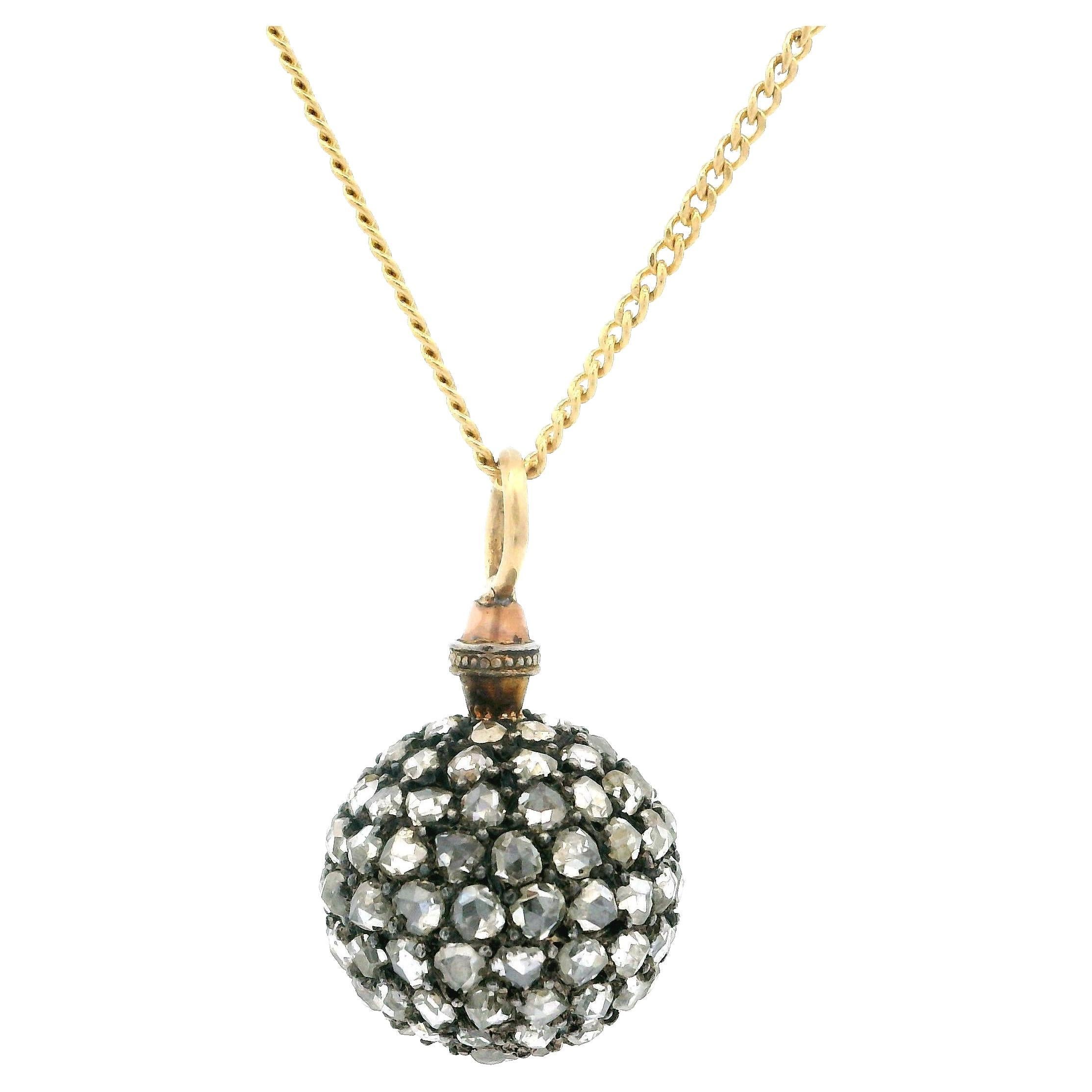 Antiker viktorianischer Kugelanhänger aus 14 Karat Gold und Silber mit 2 Karat Fiery-Diamant im Rosenschliff