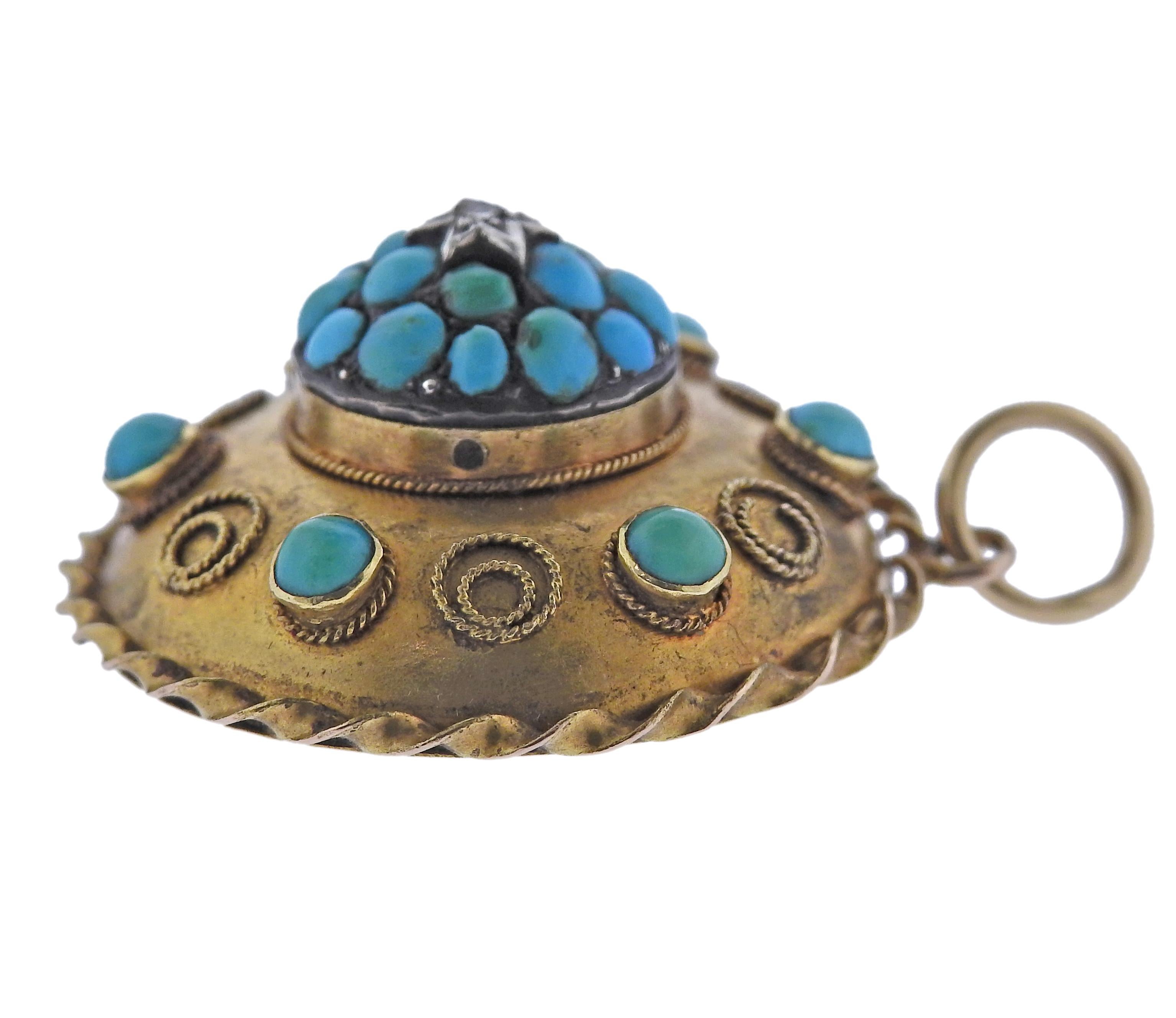 Antique Victorian 14k gold locket pendant, 28mm in diameter. Weight 6.9 grams. Decorated with turquoise and diamond. Comes in original box.