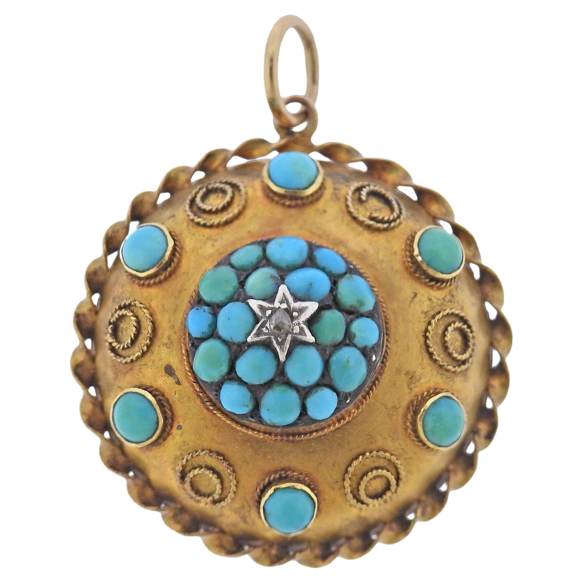 Antique Victorian 14k Gold Silver Turquoise Locket Pendant For Sale