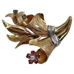 Antique Victorian 14K Gold Spinel Flower Pin Brooch
