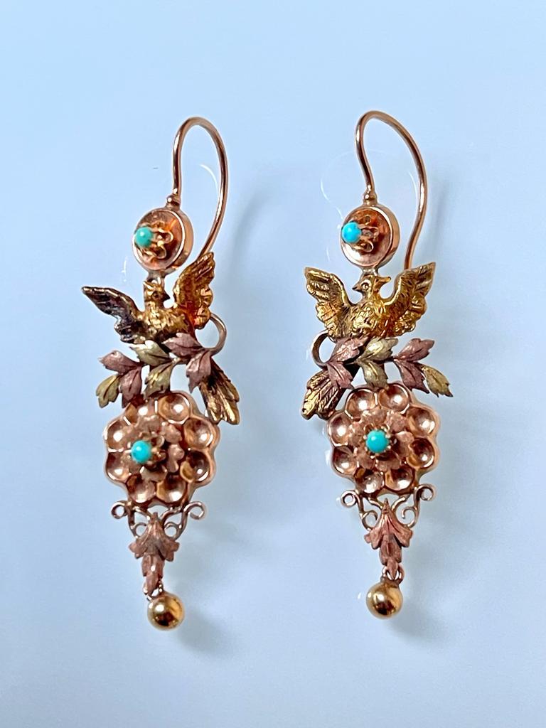 Cabochon Antique Victorian 14K Gold Turquoise Long Pendent Bird Earrings, C 1880         For Sale