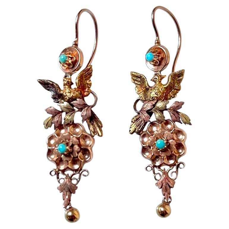 Antique Victorian 14K Gold Turquoise Long Pendent Bird Earrings, C 1880         For Sale