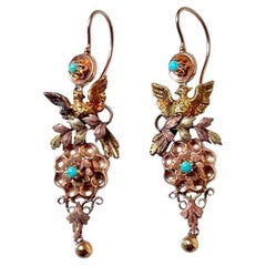 Pendientes largos de pájaro de oro de 14 quilates con turquesa, c. 1880
