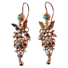 Longues boucles d'oreilles pendantes victoriennes en or 14 carats avec turquoise, c 1880        