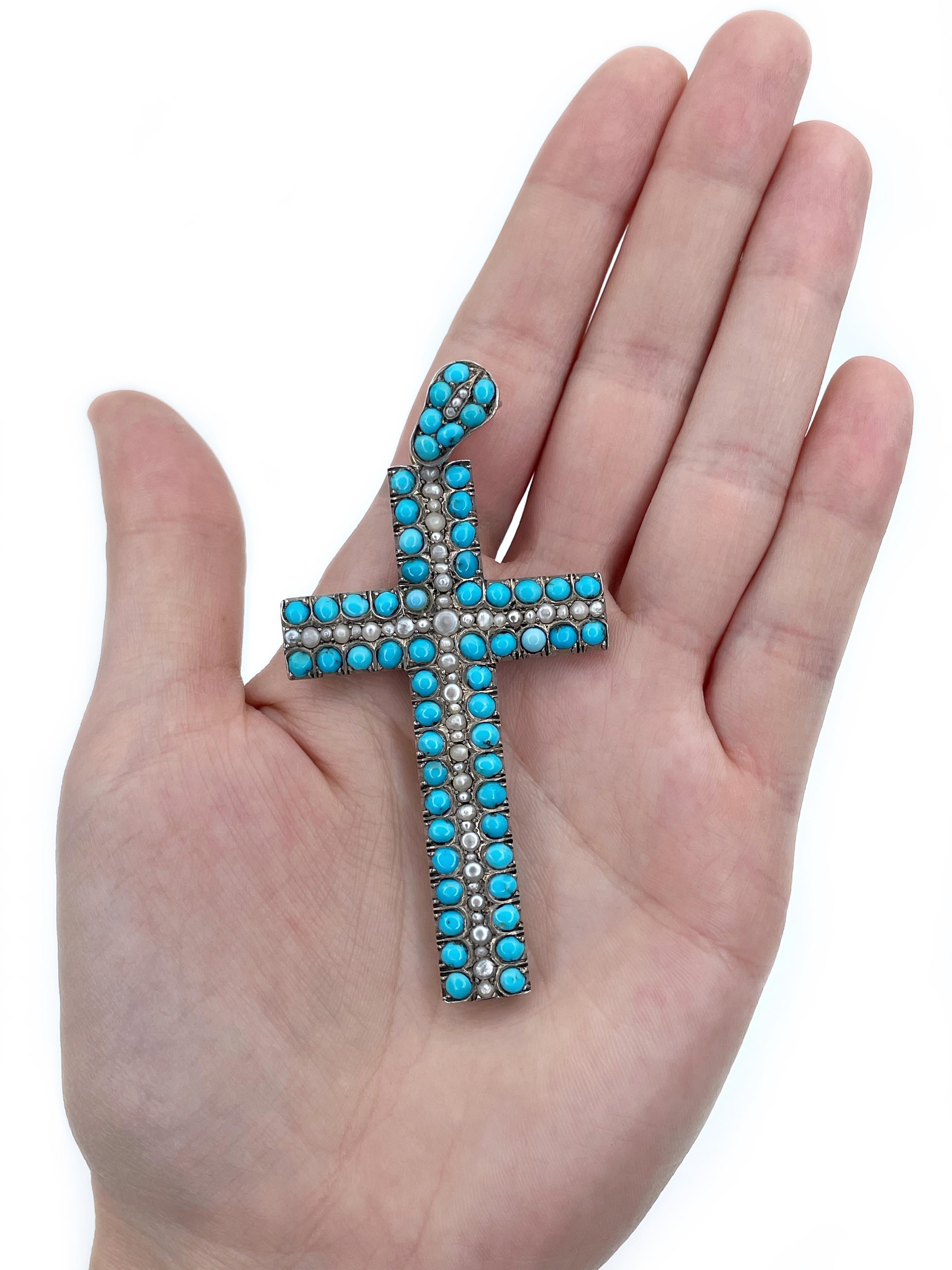 Victorian 14 Karat Gold Turquoise Pearl Cross Pendant For Sale 5
