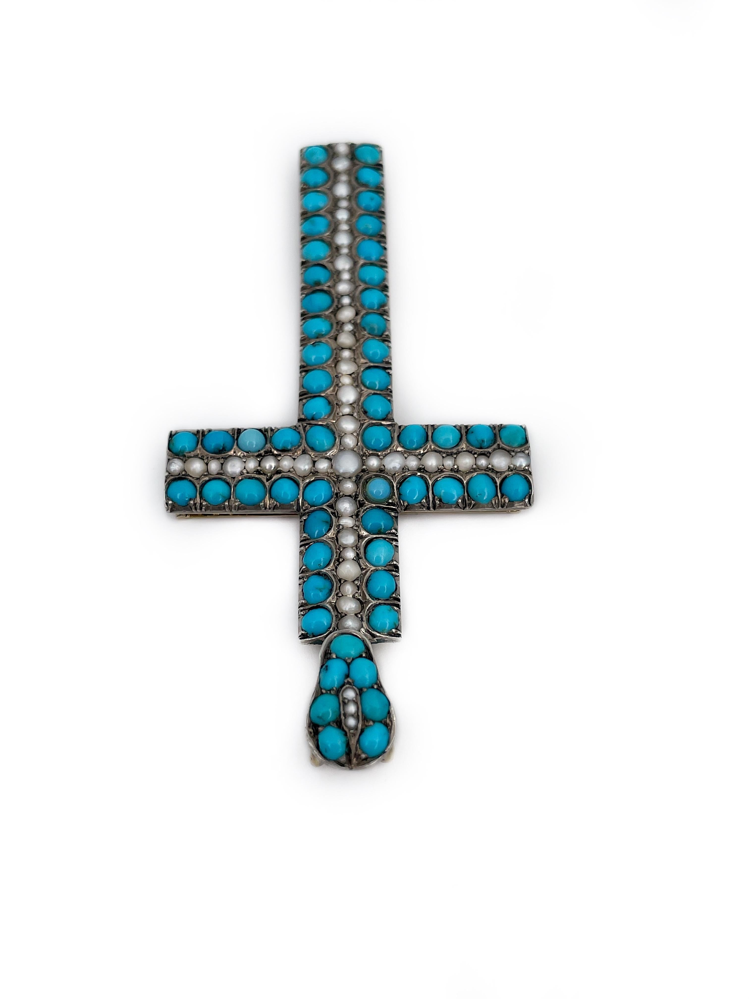 Victorian 14 Karat Gold Turquoise Pearl Cross Pendant In Good Condition For Sale In Vilnius, LT