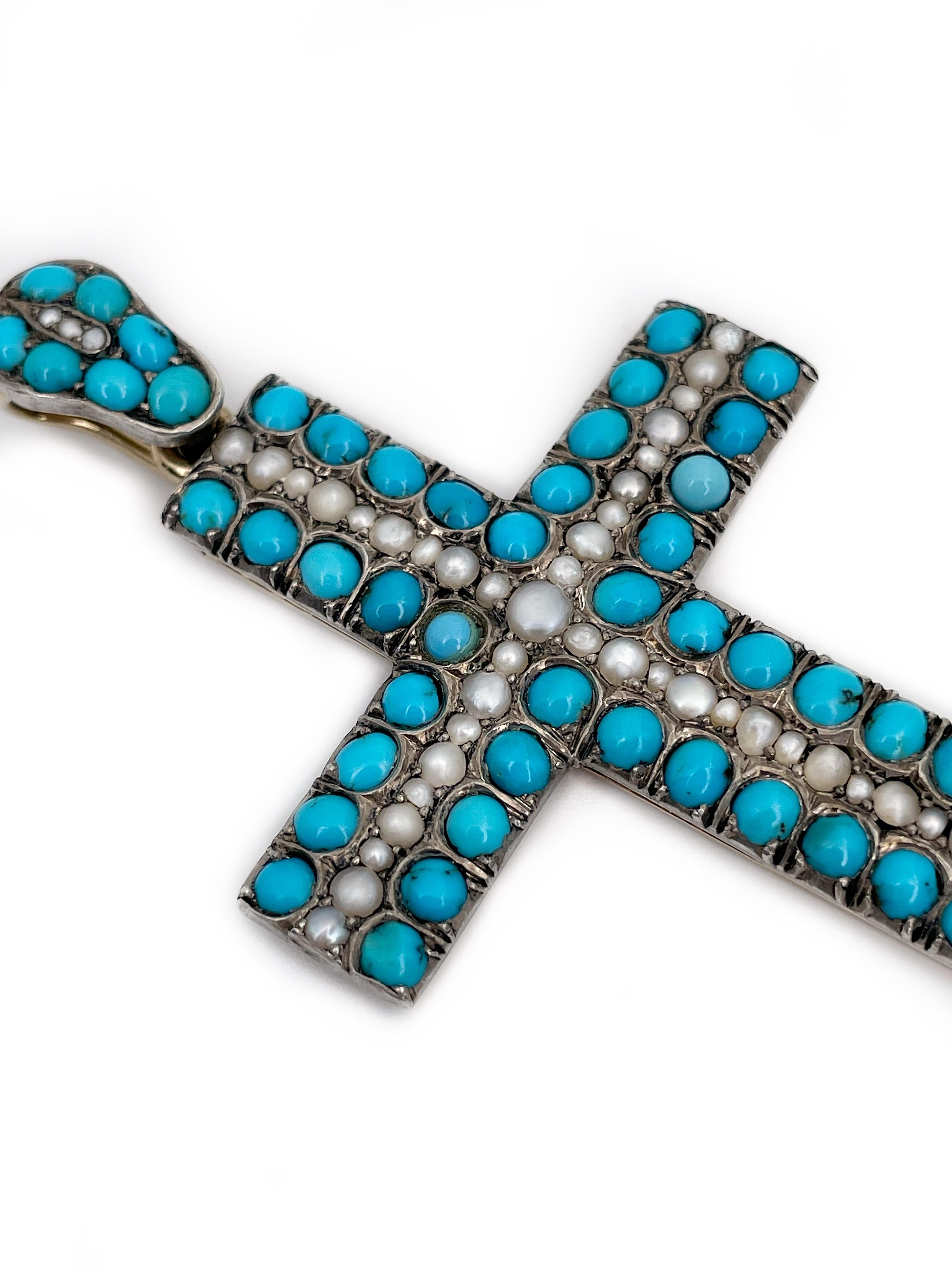 Victorian 14 Karat Gold Turquoise Pearl Cross Pendant For Sale 4