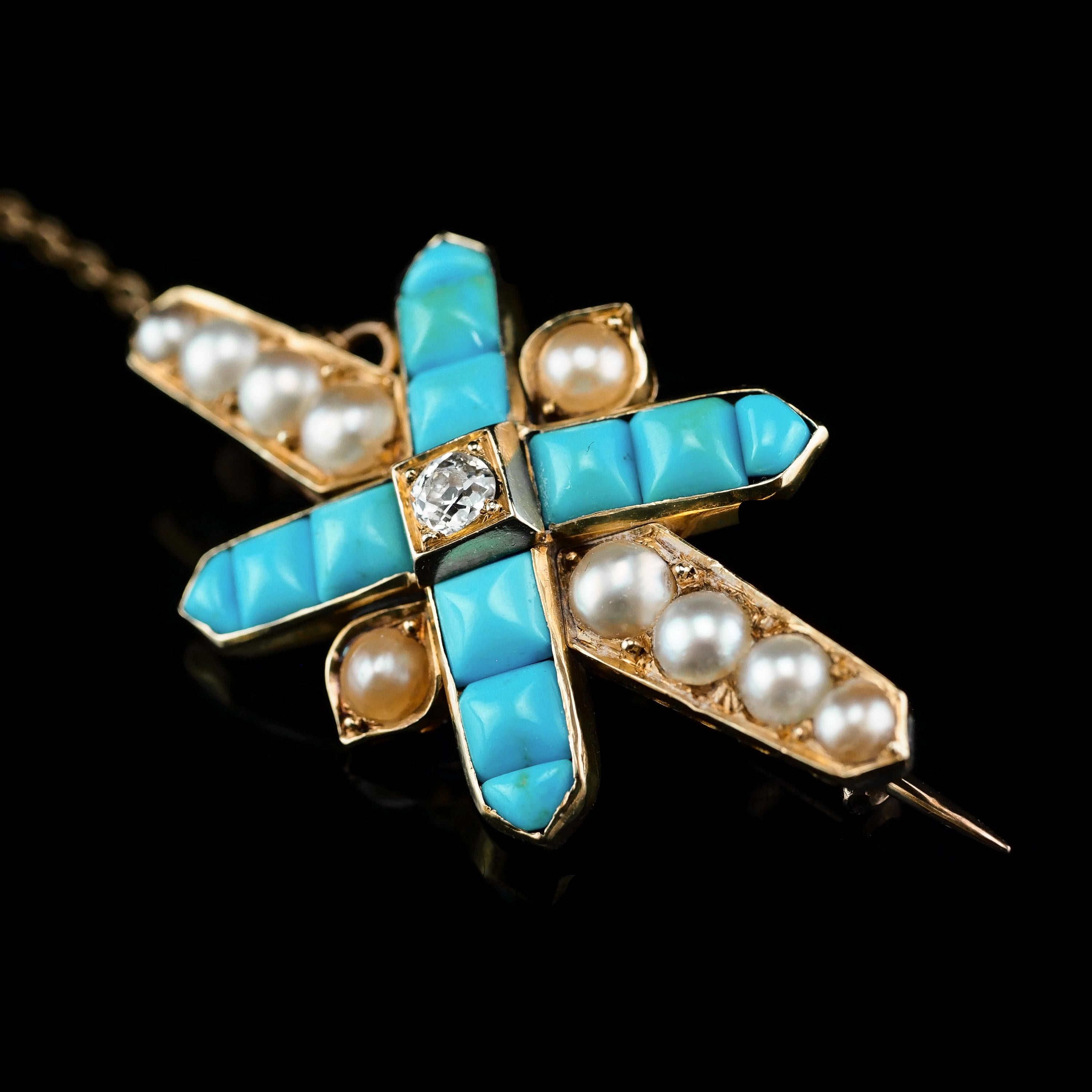 Broche victorienne ancienne en or 14 carats avec turquoise, perles et diamants, c. 1880 en vente 7