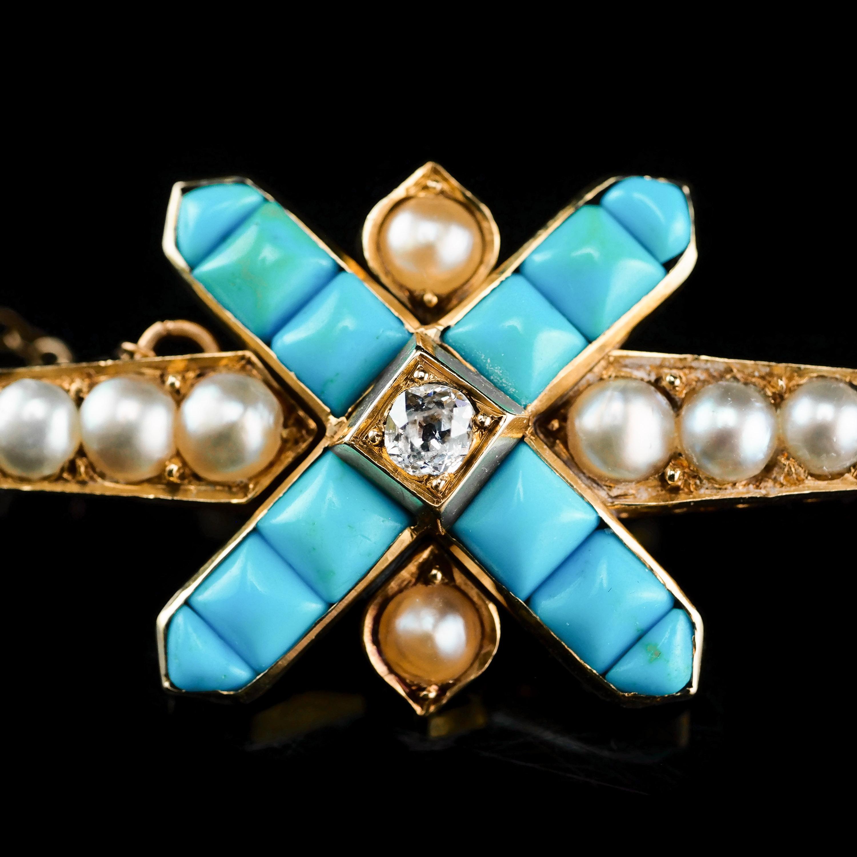 Broche victorienne ancienne en or 14 carats avec turquoise, perles et diamants, c. 1880 Unisexe en vente