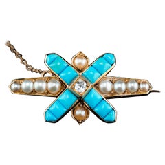 Antike viktorianische Brosche aus 14 Karat Gold mit Türkis, Perle und Diamanten - um 1880