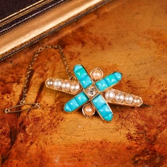 Antique Victorian 14K Gold Turquoise, Pearl & Diamond Brooch