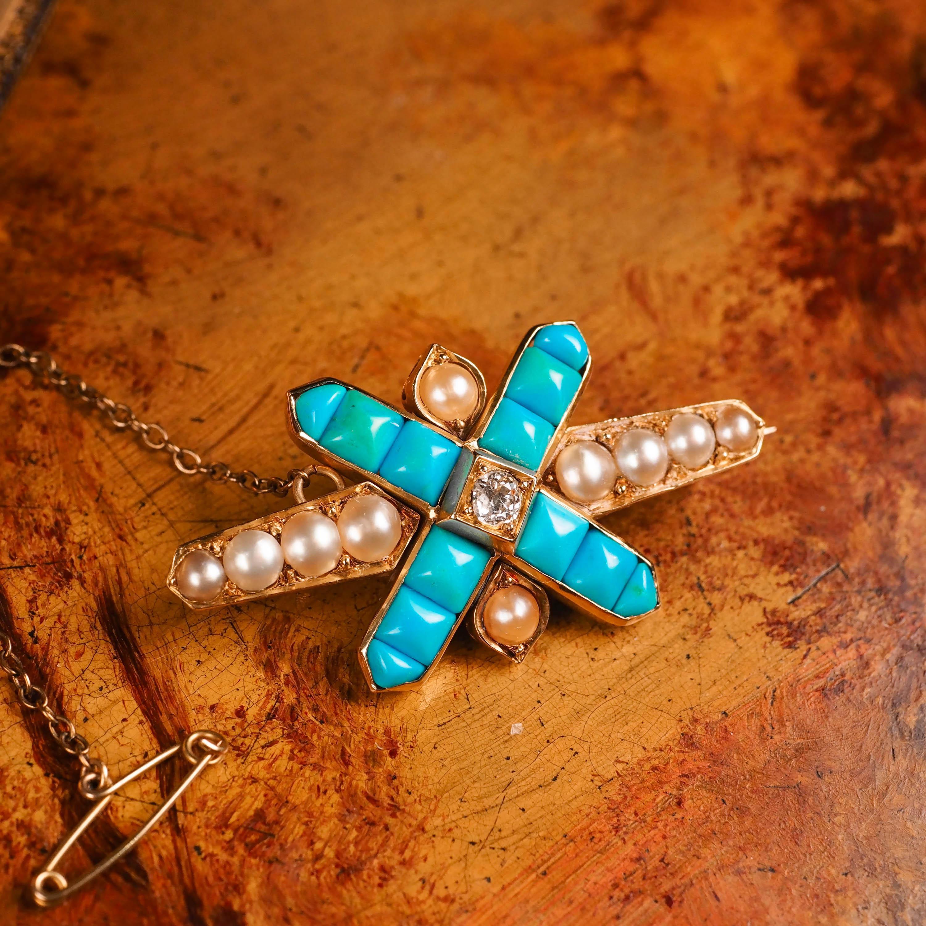 Taille vieille Europe Broche victorienne ancienne en or 14 carats avec turquoises, perles et diamants en vente