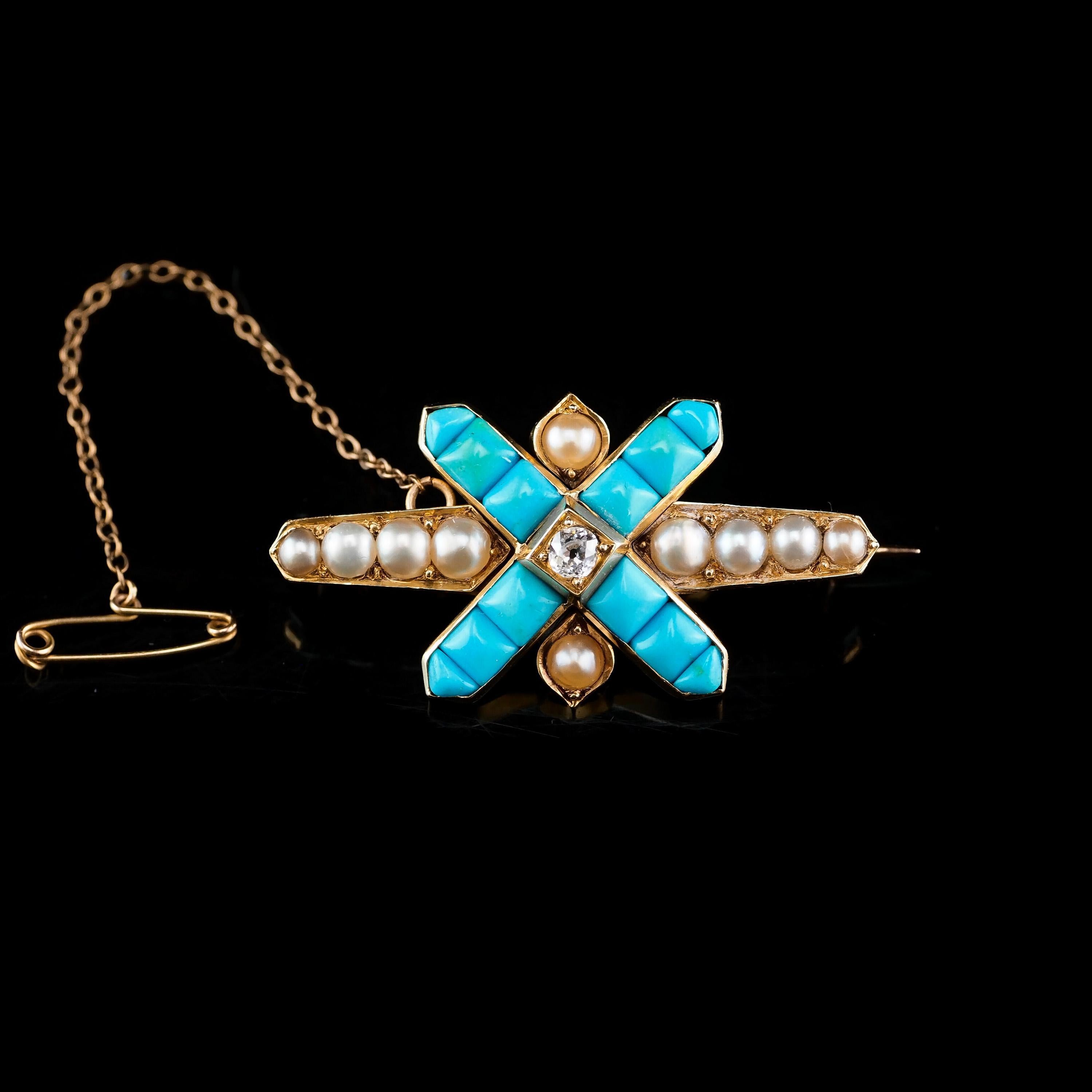 Broche victorienne ancienne en or 14 carats avec turquoises, perles et diamants Bon état - En vente à London, GB