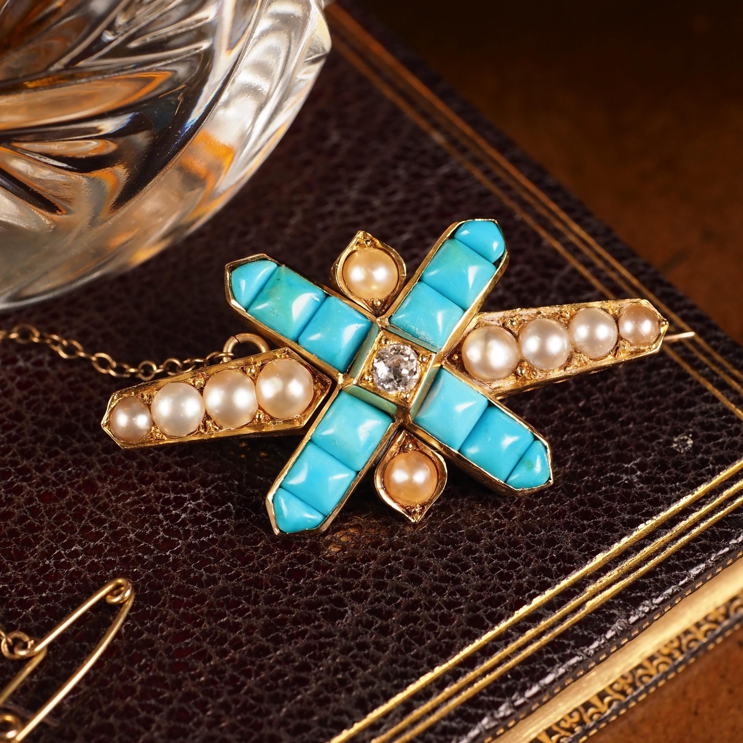 Broche victorienne ancienne en or 14 carats avec turquoises, perles et diamants Pour femmes en vente