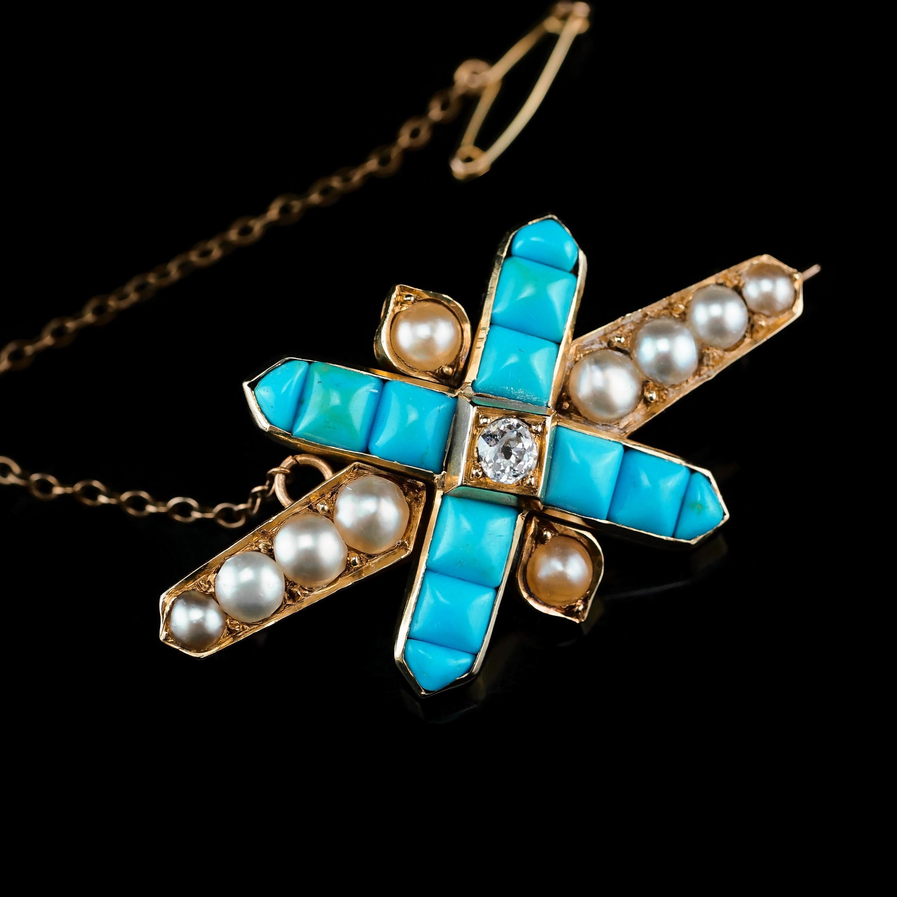 Broche victorienne ancienne en or 14 carats avec turquoises, perles et diamants en vente 1