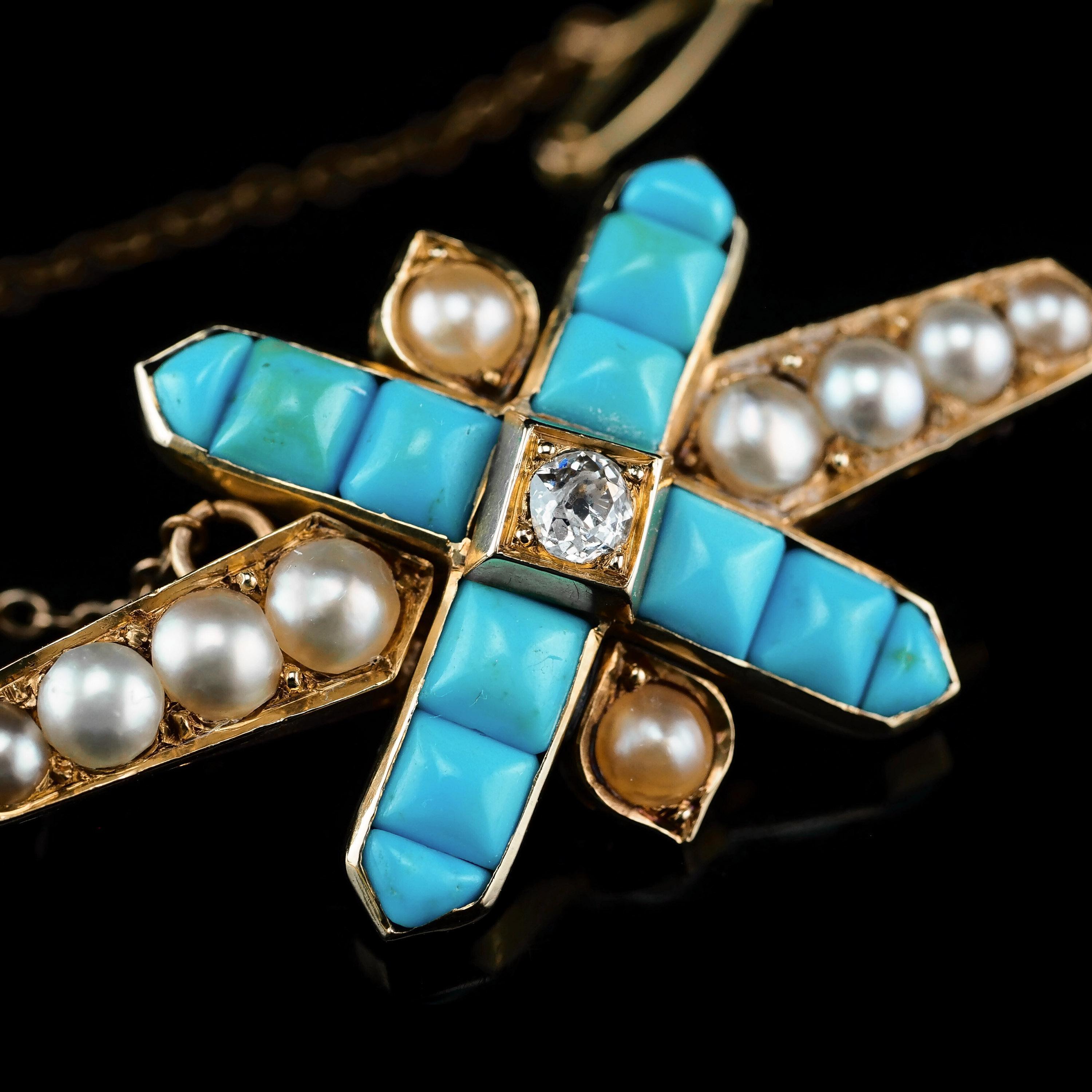 Broche victorienne ancienne en or 14 carats avec turquoises, perles et diamants en vente 2