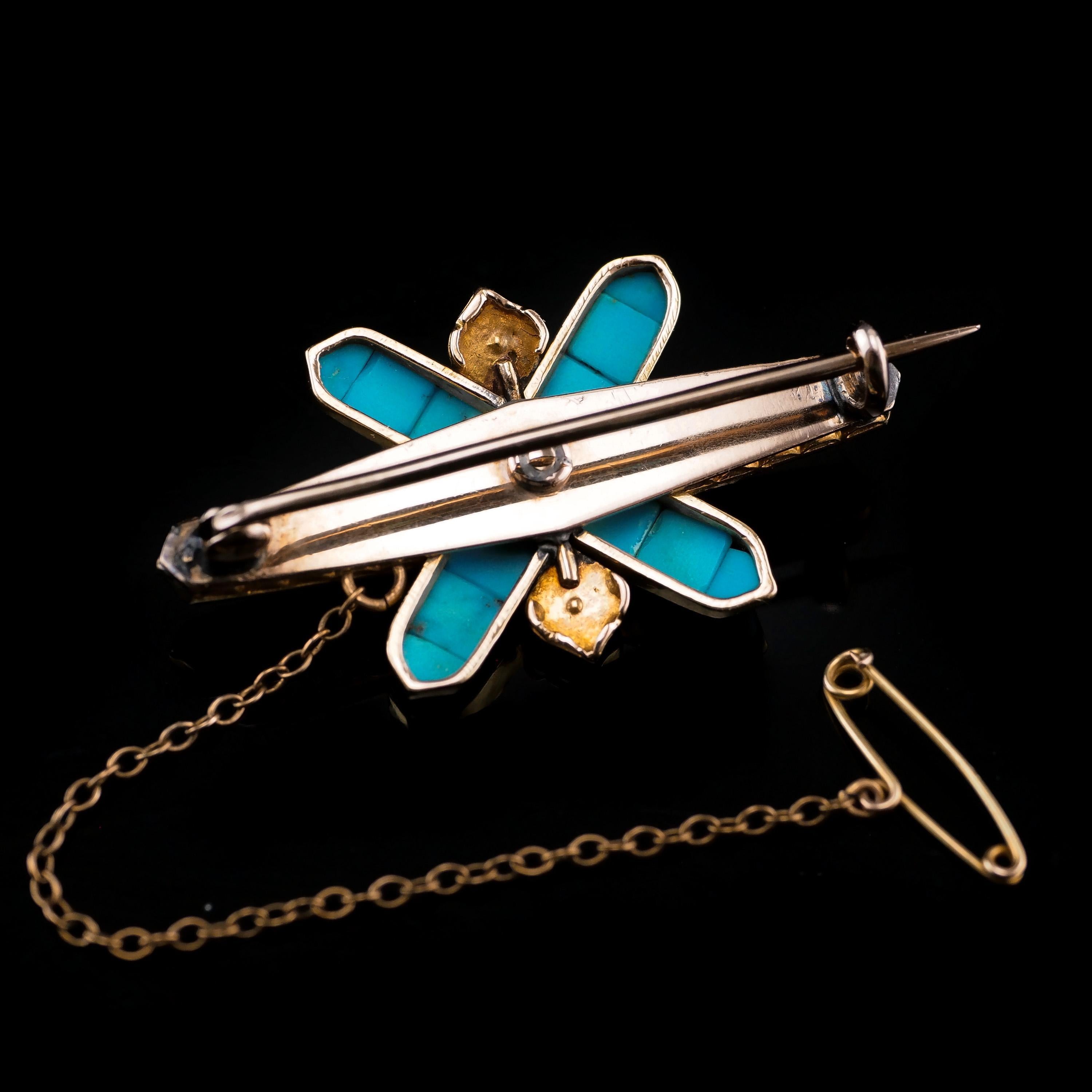 Broche victorienne ancienne en or 14 carats avec turquoises, perles et diamants en vente 3