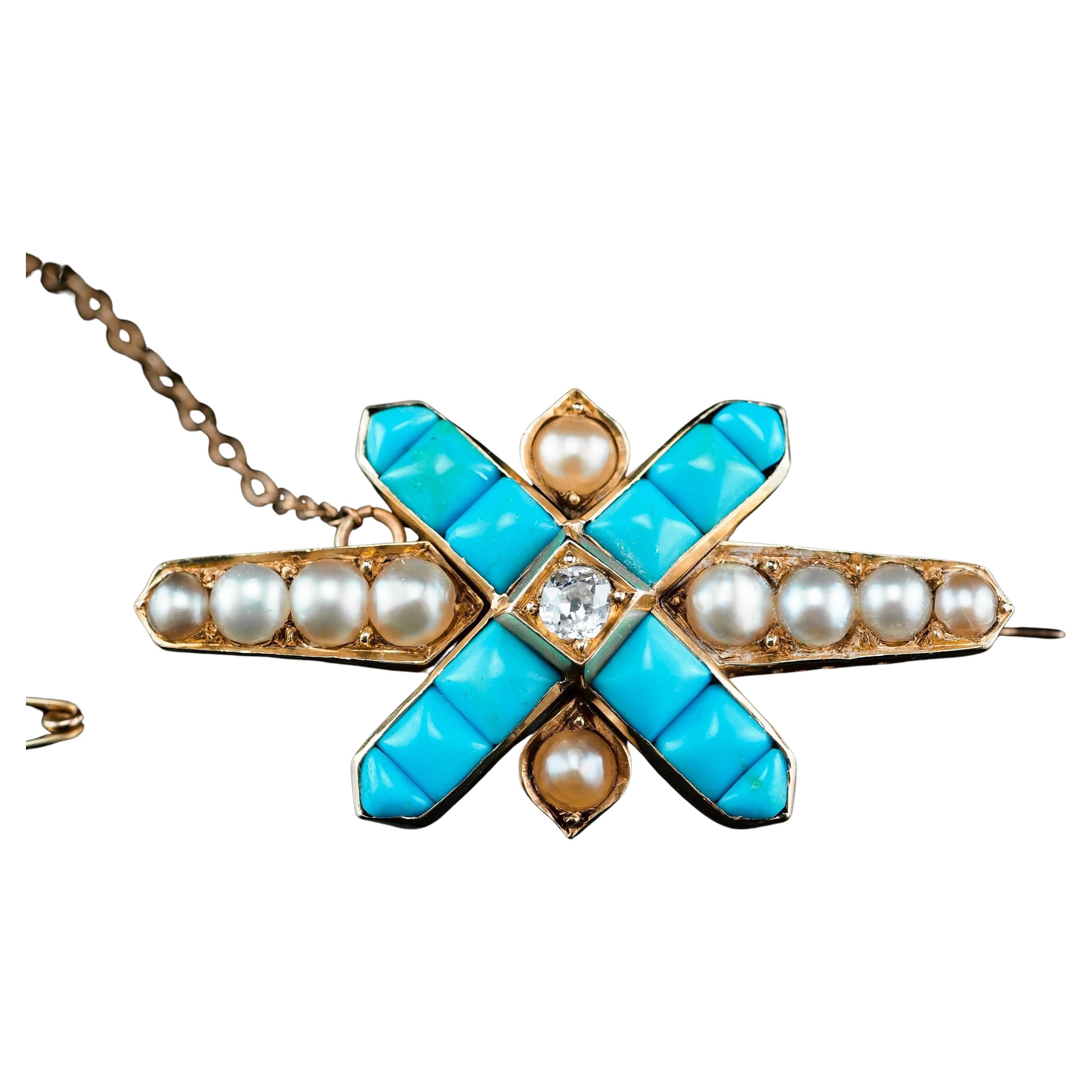 Antique Victorian 14K Gold Turquoise, Pearl & Diamond Brooch