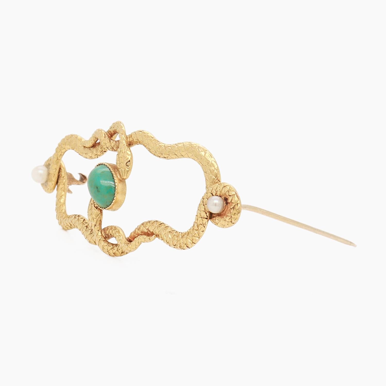 Antiguo broche victoriano de oro de 14 quilates, turquesa y perlas entrelazadas en venta 5