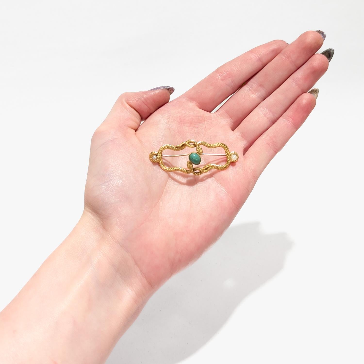 Antiguo broche victoriano de oro de 14 quilates, turquesa y perlas entrelazadas en venta 9