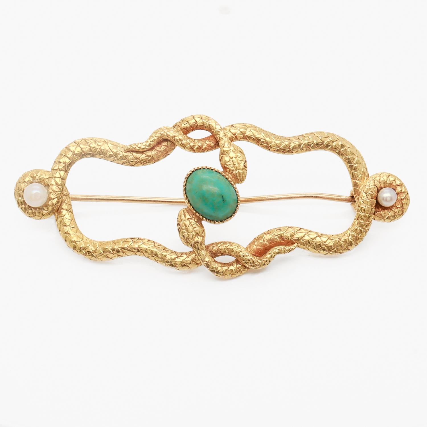 Antiguo broche victoriano de oro de 14 quilates, turquesa y perlas entrelazadas Cabujón en venta