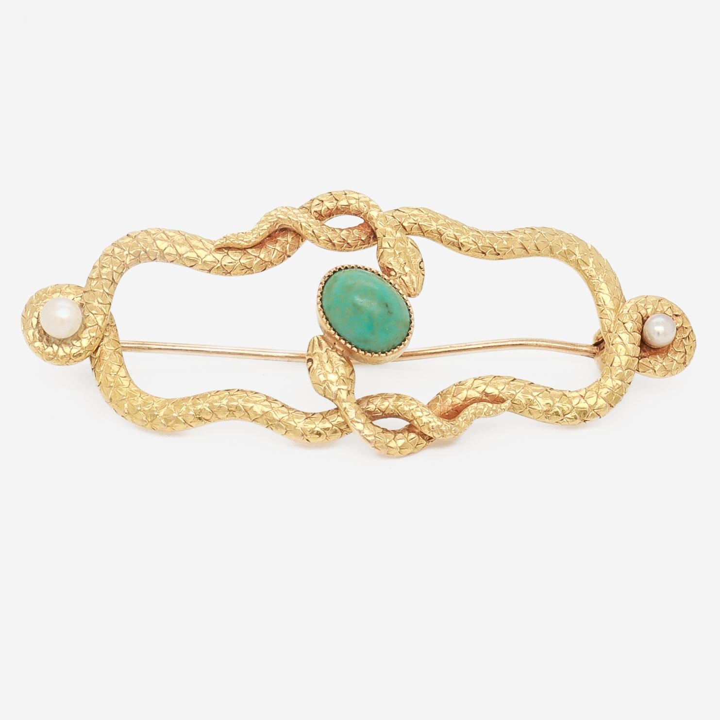 Antiguo broche victoriano de oro de 14 quilates, turquesa y perlas entrelazadas en Bueno estado para la venta en Philadelphia, PA