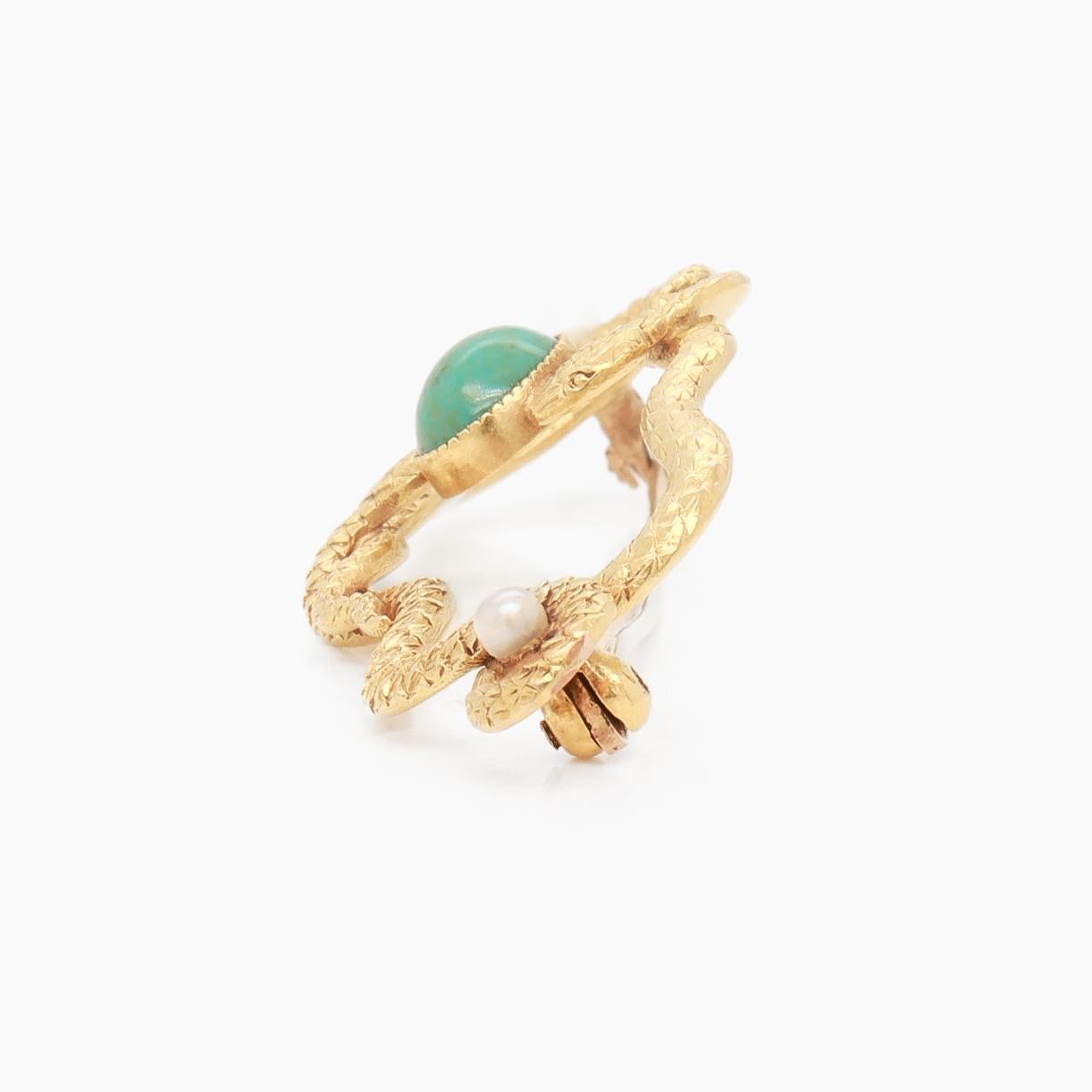 Femenino o masculino Antiguo broche victoriano de oro de 14 quilates, turquesa y perlas entrelazadas en venta