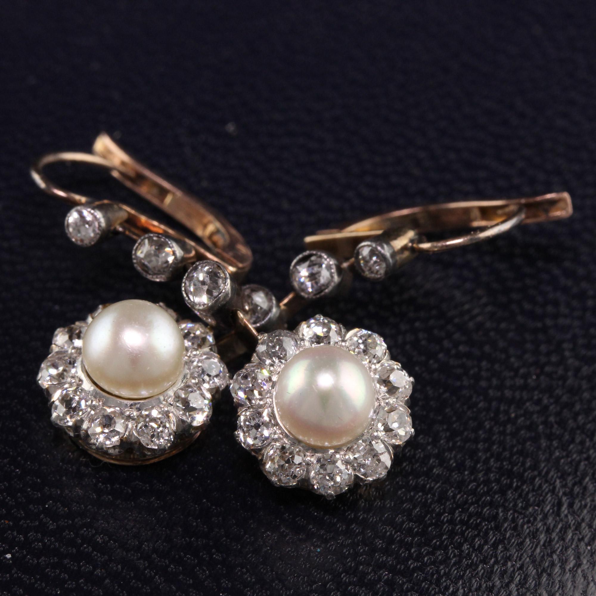 Old Mine Cut Antique Victorian 14K Rose Gold and Silver Top Old Mine Diamond and Pearl Earrin
