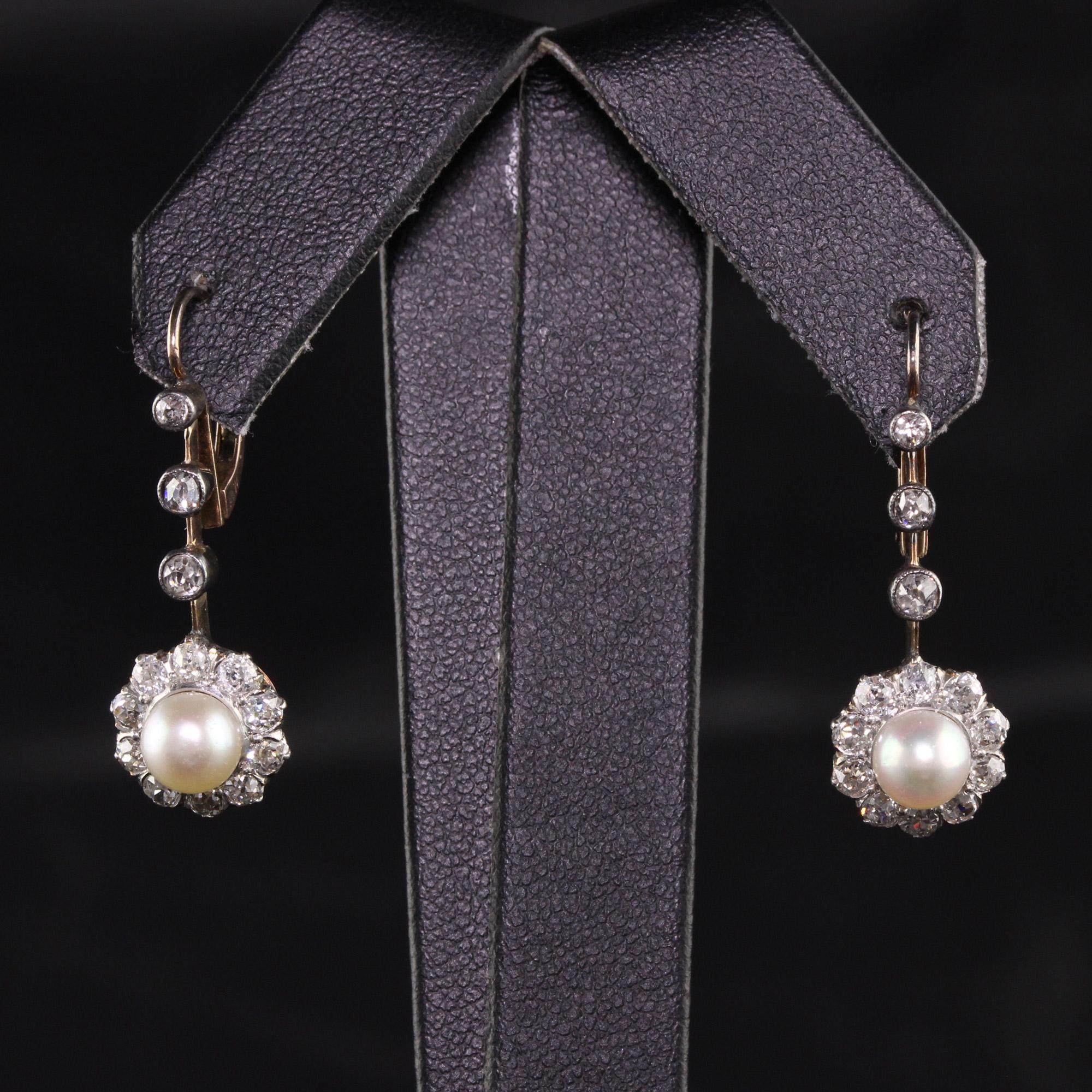 Antique Victorian 14K Rose Gold and Silver Top Old Mine Diamond and Pearl Earrin In Good Condition In Great Neck, NY