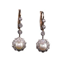 Antique Victorian 14K Rose Gold and Silver Top Old Mine Diamond and Pearl Earrin
