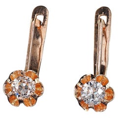 Antique Victorian 14K Rose Gold Buttercup Old European Cut Diamond Drop Earrings