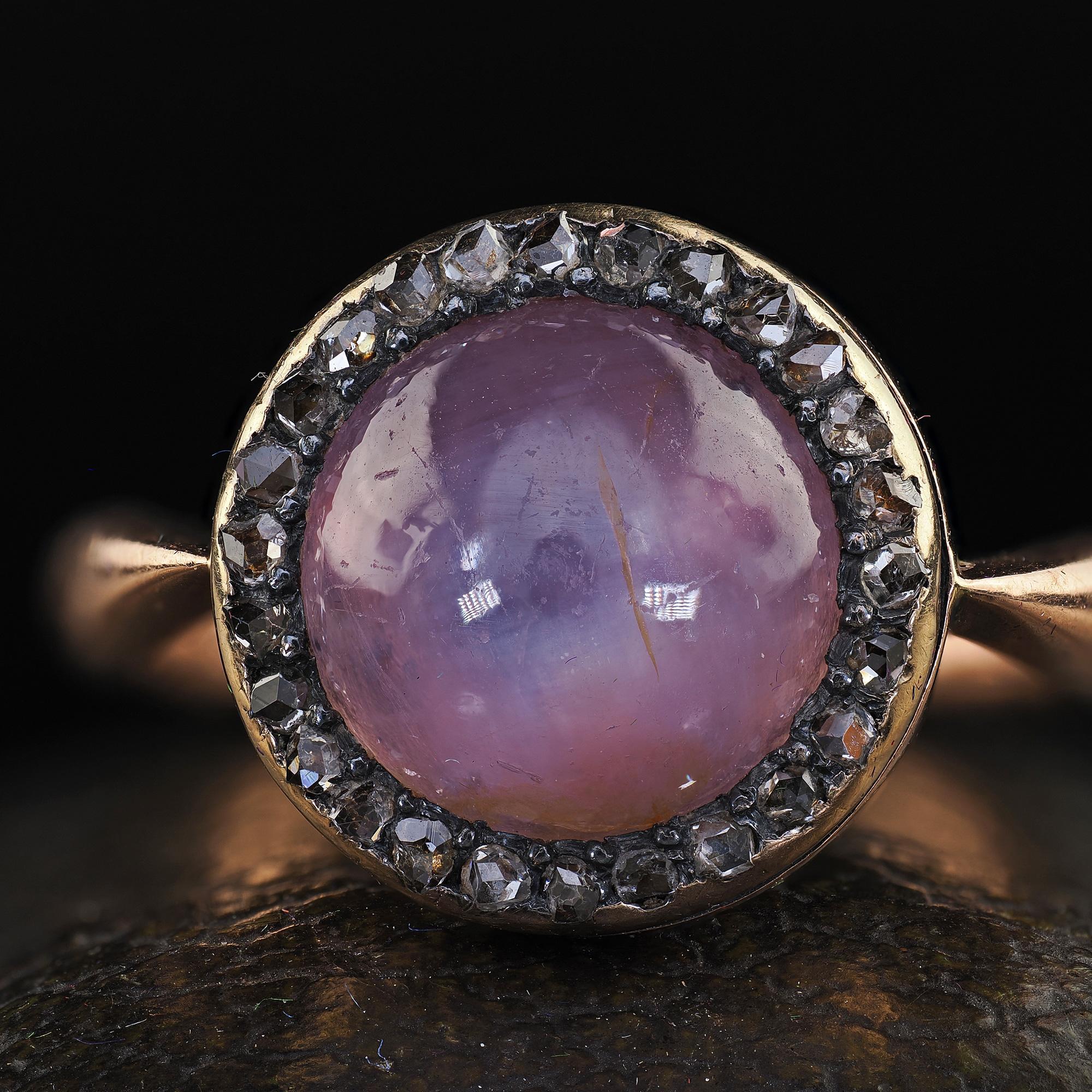Antique Victorian 14K Rose Gold Cabochon Star Sapphire and Diamond Halo Ring For Sale 2