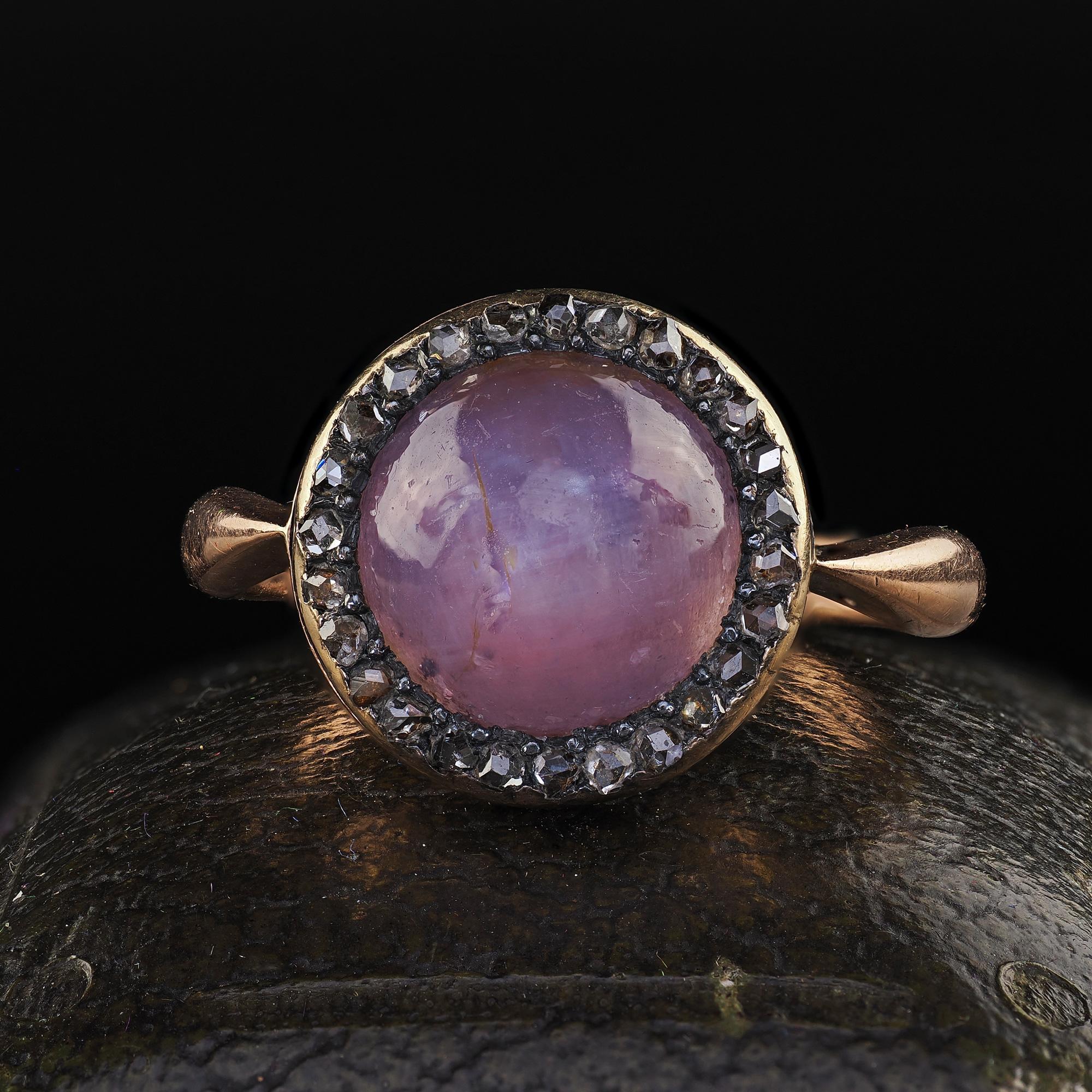 Antique Victorian 14K Rose Gold Cabochon Star Sapphire and Diamond Halo Ring For Sale 3