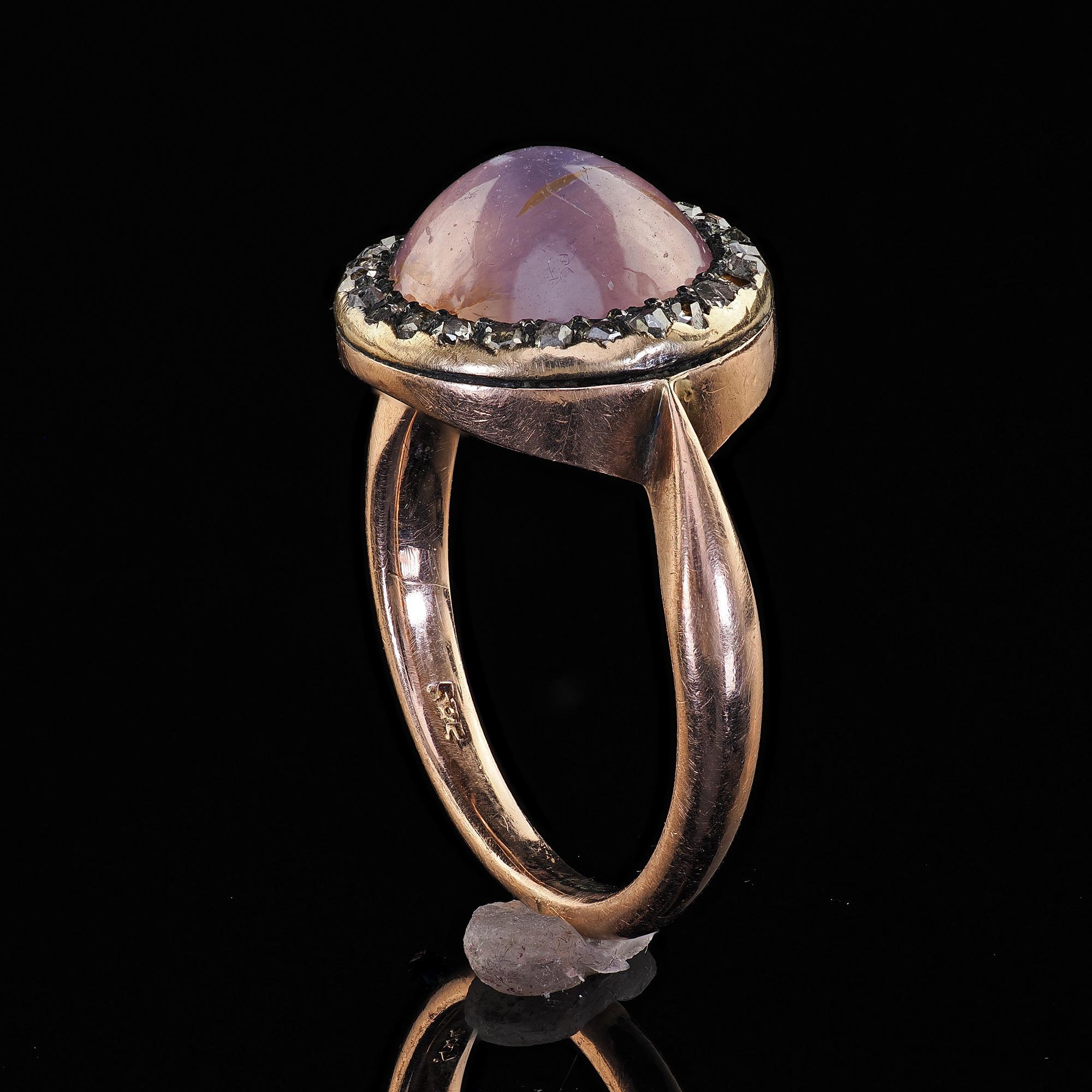 Antique Victorian 14K Rose Gold Cabochon Star Sapphire and Diamond Halo Ring For Sale 5