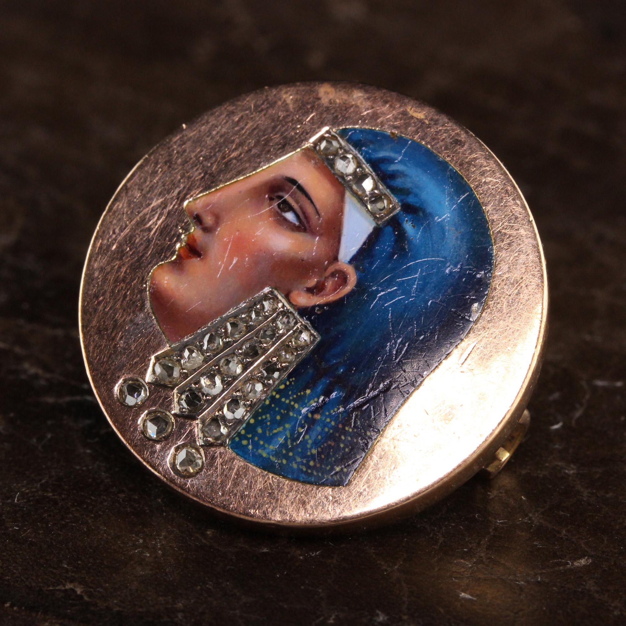 Gorgeous Antique Victorian 14K Rose Gold Egyptian Revival Enameled Diamond Pin. This amazing pin features an enameled portrait of Egyptian royalty wearing a diamond headband and head covering. The enamel is in amazing condition minus a few scuffs
