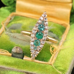 Antique Victorian 14 Karat Rose Gold Emerald and Diamond Navette Ring