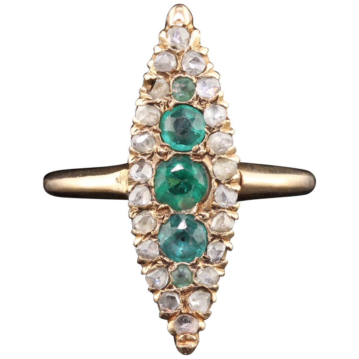 Antique Victorian 14 Karat Rose Gold Emerald and Diamond Navette Ring