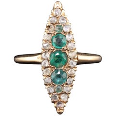 Antique Victorian 14 Karat Rose Gold Emerald and Diamond Navette Ring