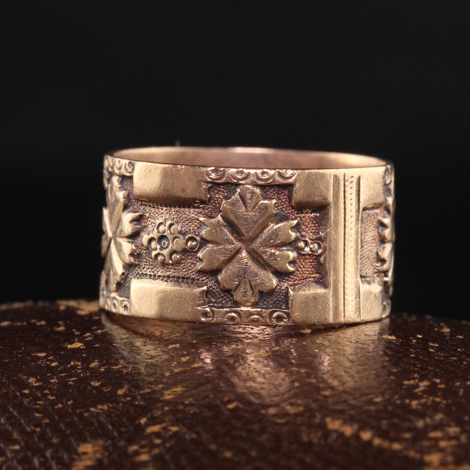 Beautiful Antique Victorian 14K Rose Gold Engraved Floral Wide Wedding Band. This beautiful wedding band is engraved with floral designs and is in great condition.

Item #R1002

Metal: 14K Rose Gold

Weight: 3.2 Grams

Ring Size: 6

Measurements: