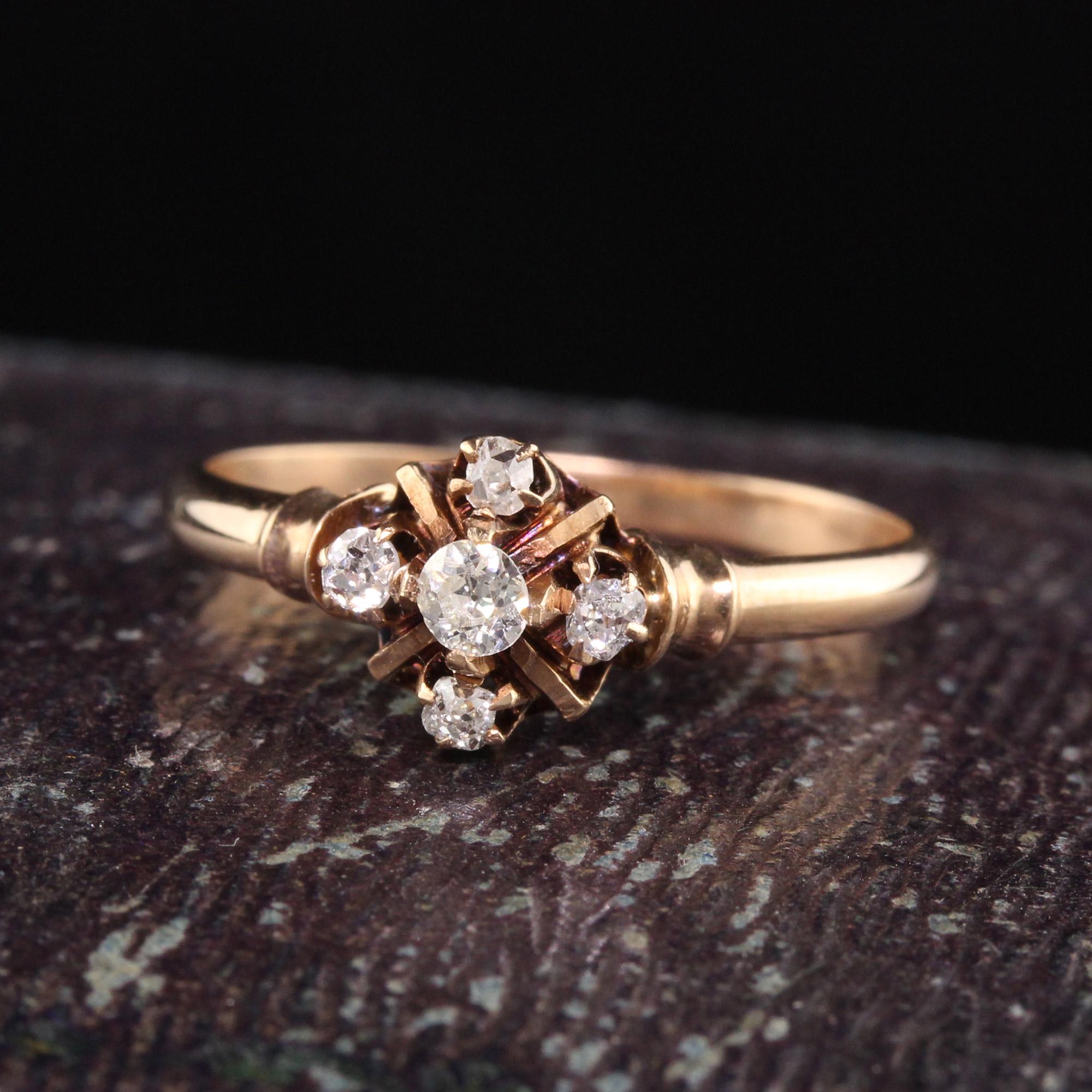 Beautiful Antique Victorian 14K Rose Gold Old Mine Cut Diamond Ring.This dainty Victorian ring has 5 beautiful old mine cut diamonds in a subtle design.

Item #R0993

Metal: 14K Rose Gold

Weight: 2.2 Grams

Diamonds: Approximately .25 cts

Color: