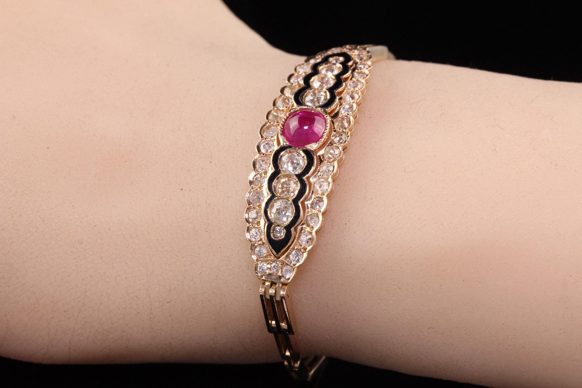 Antique Victorian 14K Rose Gold Old Mine Diamond and Cabochon Ruby Bracelet For Sale 3