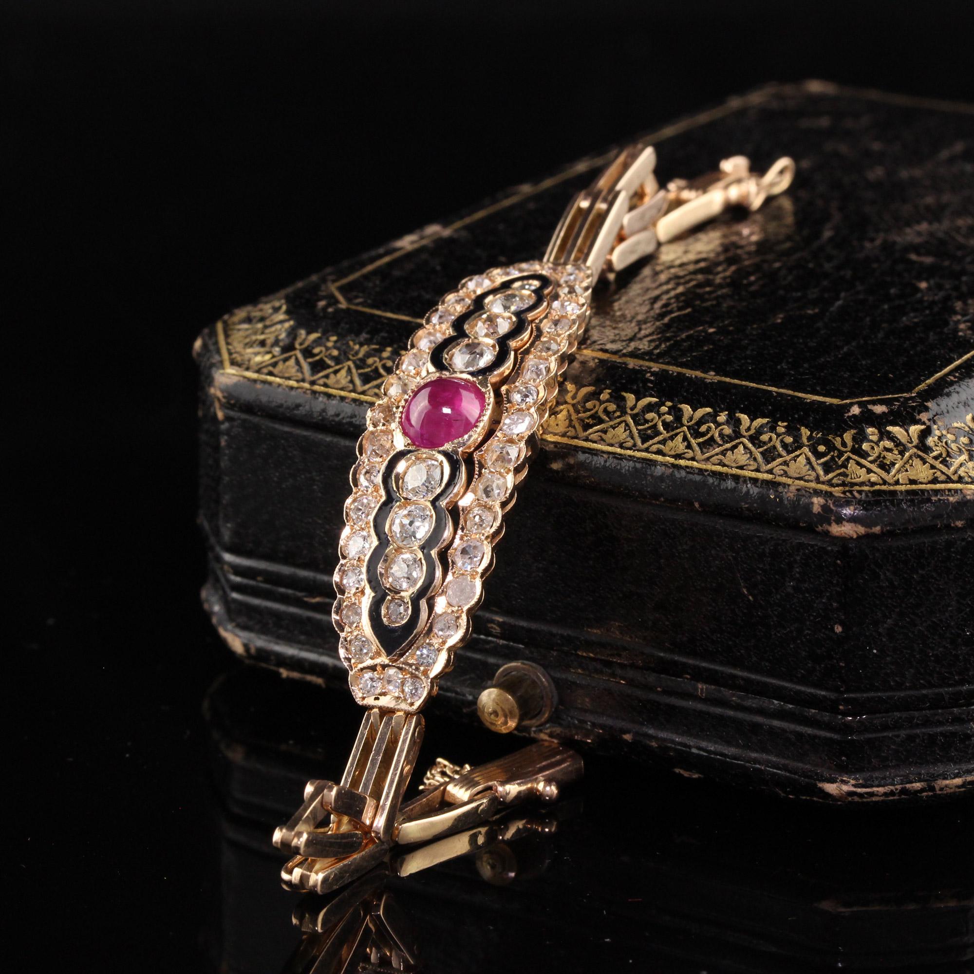 Old Mine Cut Antique Victorian 14K Rose Gold Old Mine Diamond and Cabochon Ruby Bracelet For Sale