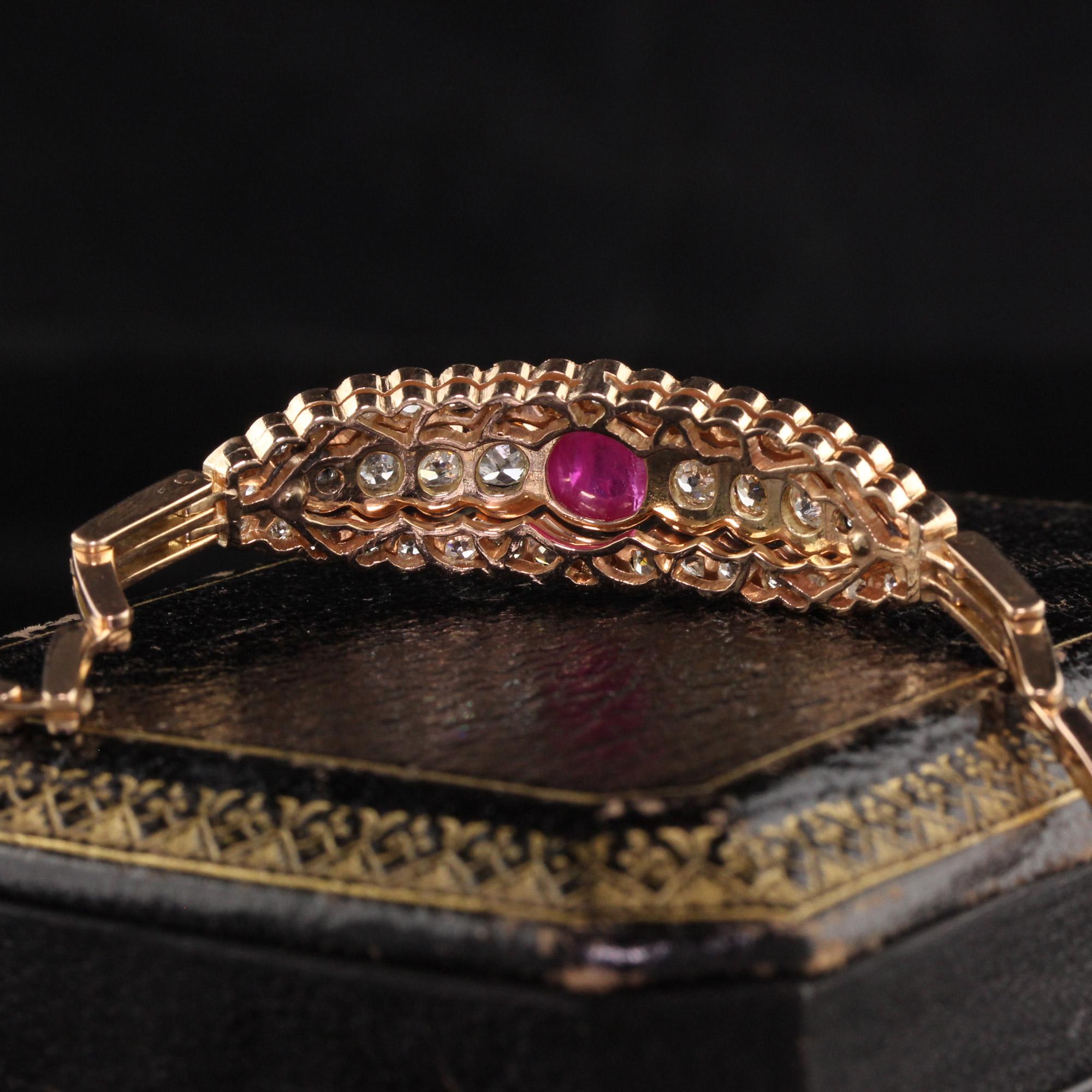 Antique Victorian 14K Rose Gold Old Mine Diamond and Cabochon Ruby Bracelet In Good Condition For Sale In Great Neck, NY