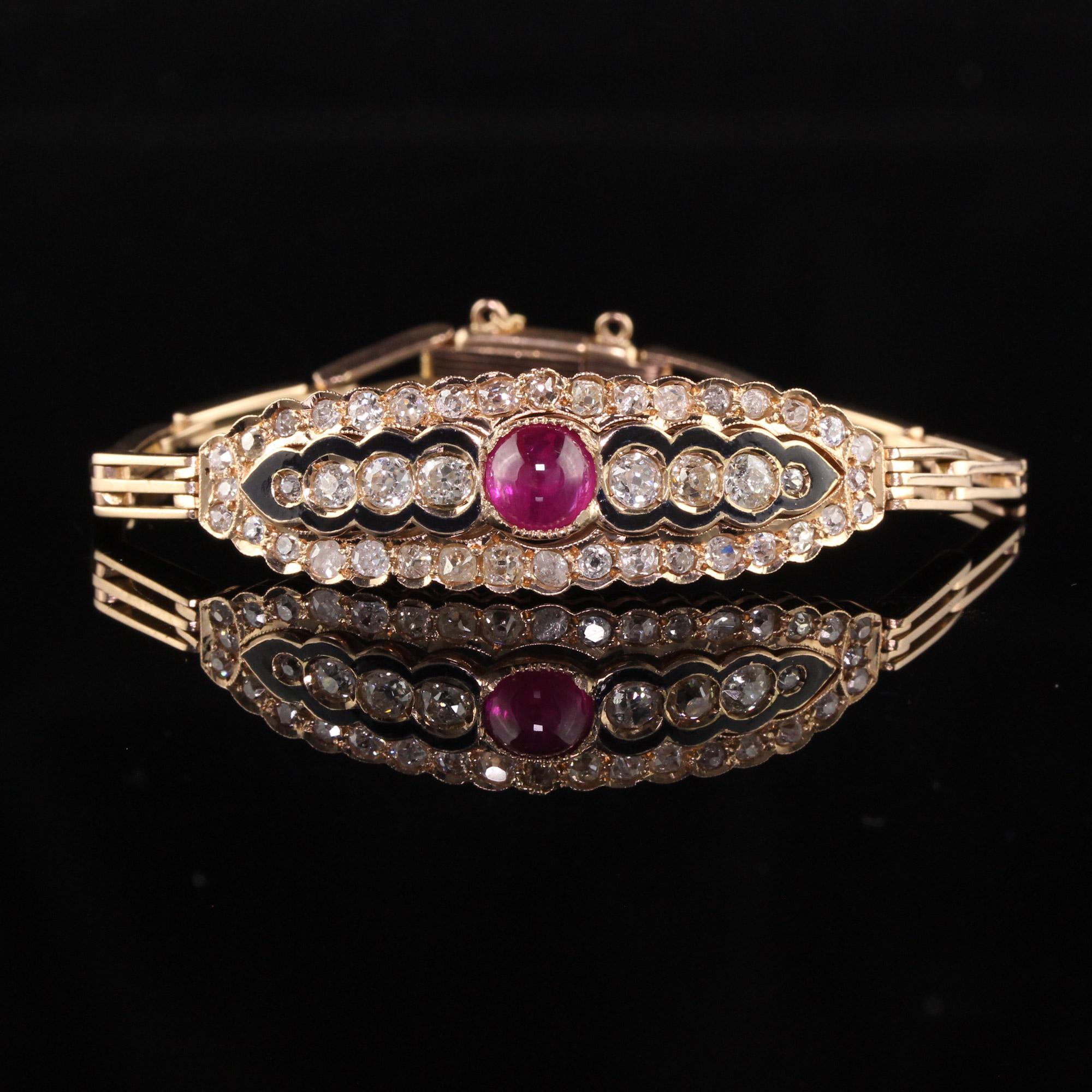 Women's Antique Victorian 14K Rose Gold Old Mine Diamond and Cabochon Ruby Bracelet For Sale