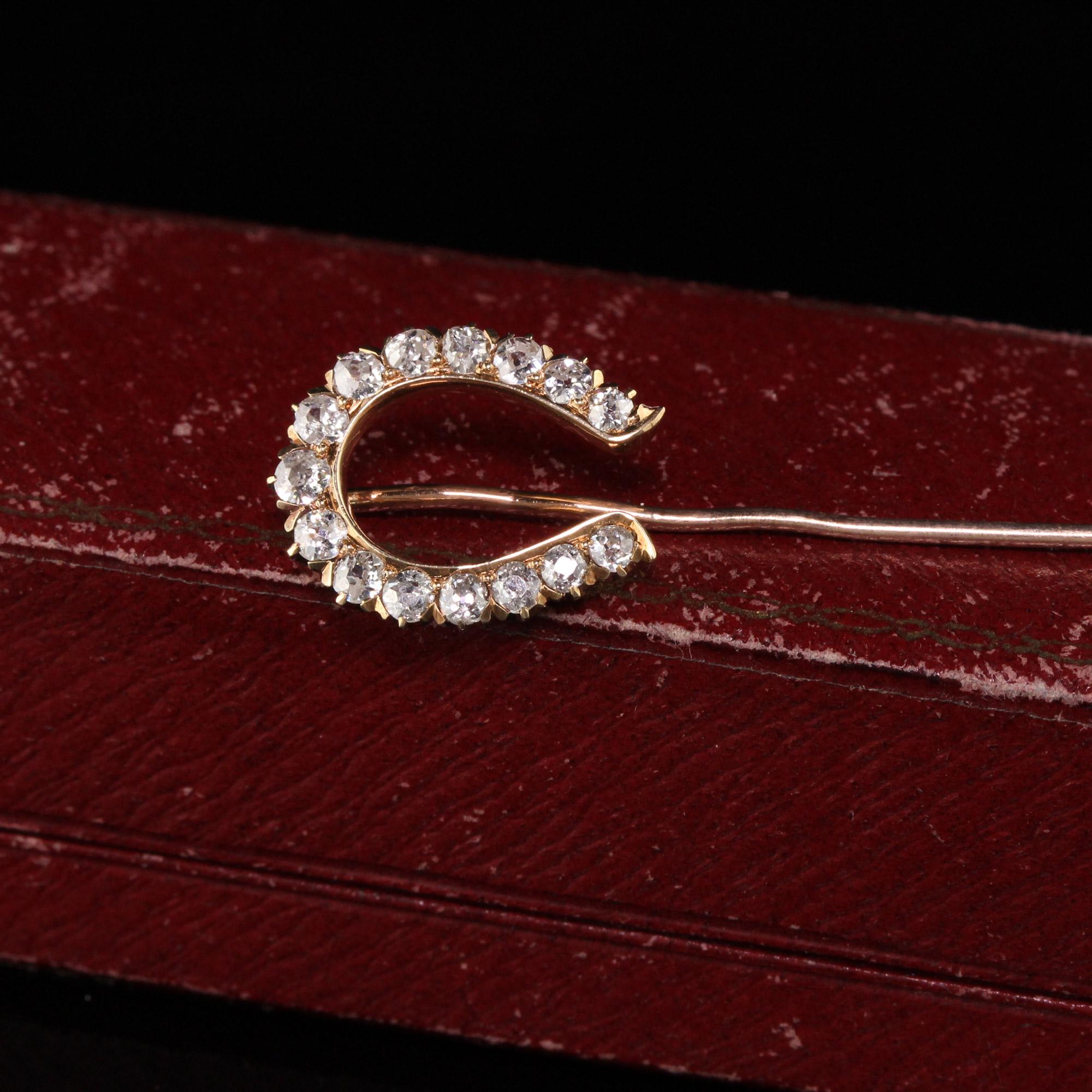 Women's or Men's Antique Victorian 14 Karat Rose Gold Old Mine Diamond Horseshoe Stick Pin