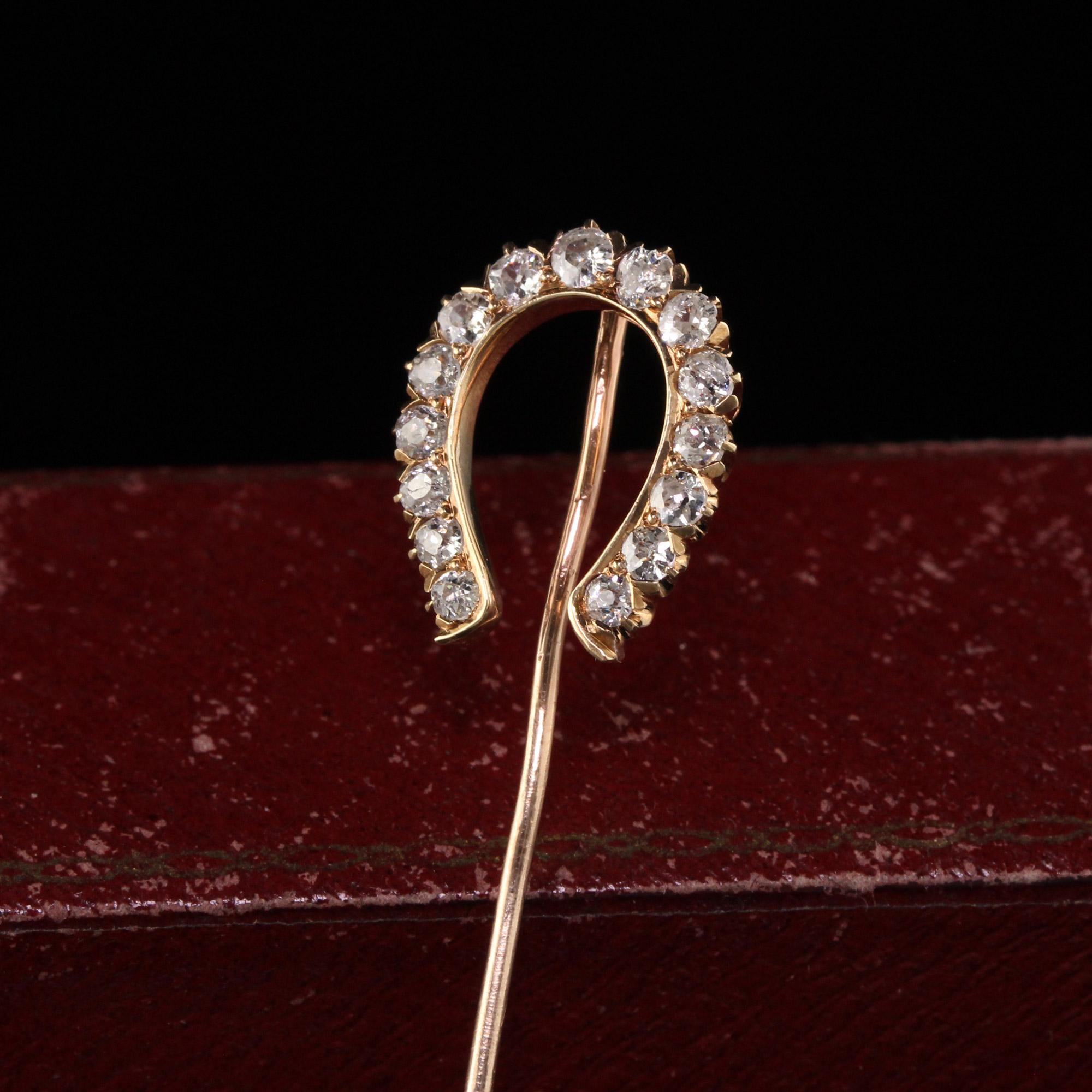 Beautiful Antique Victorian 14K Rose Gold Old Mine Diamond Horseshoe Stick Pin. This pin has old mine cut diamonds set in rose gold in the shape of a horseshoe. It can be worn as a stickpin or even converted to a pendant.

Item #P0110

Metal: 14K