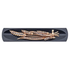 Antique Victorian 14k Rose Gold Onyx & Seed Pearl Wheat Mourning Brooch Pin
