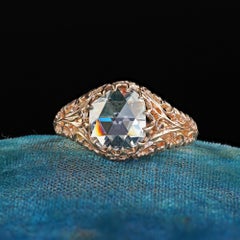 Antiguo anillo de compromiso victoriano de oro rosa de 14 quilates con filigrana de diamantes talla rosa - GIA